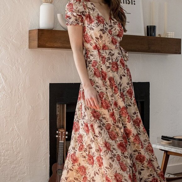 NWT Lulus Beautiful Interlude Beige Floral Print Jacquard Wrap Maxi Dress -Sz SM - Picture 1 of 11